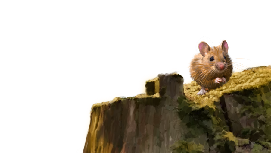 En illustrasjon av en mus som sitter på spiser på en stubbe