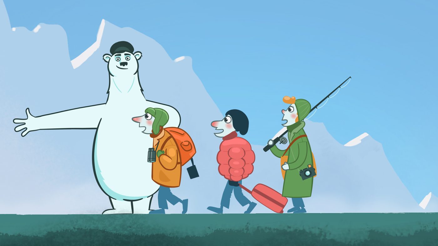 Illustrert bilde som viser en isbjørn og tre andre karakterer som skal på tur i de arktiske strøk.