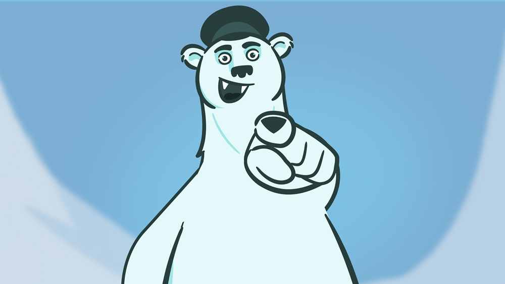 Illustrert isbjørn i arktis som peker på oss.