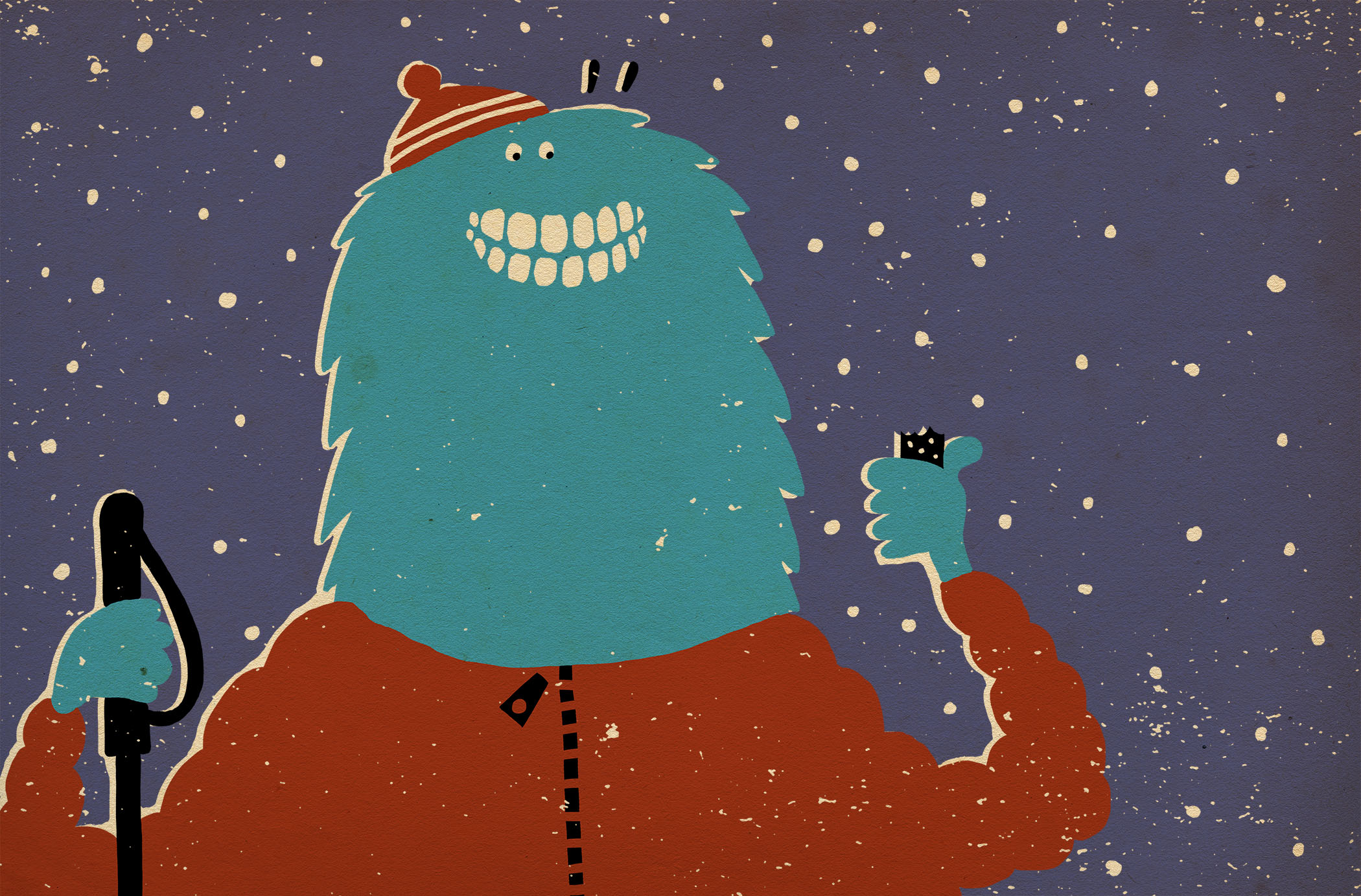 Faktorama, en blå fyr med tenner spiser sjokolade på skitur