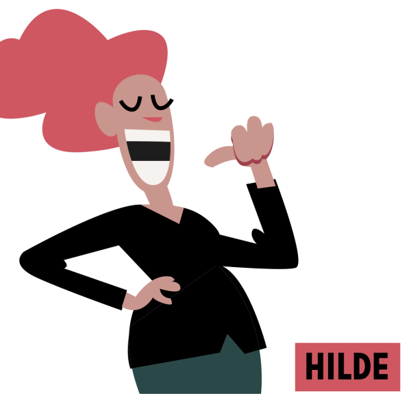 Illustrert karakter med rødt hår som heter Hilde.